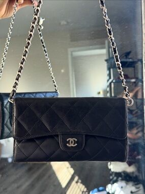 CHANEL Black Quilted Leather Chain Wallet Shoulder Bag with Silver Hardware